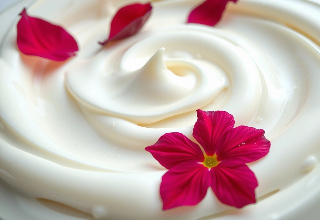 Luxurious cream texture with delicate floral elements, symbolizing women's skincare