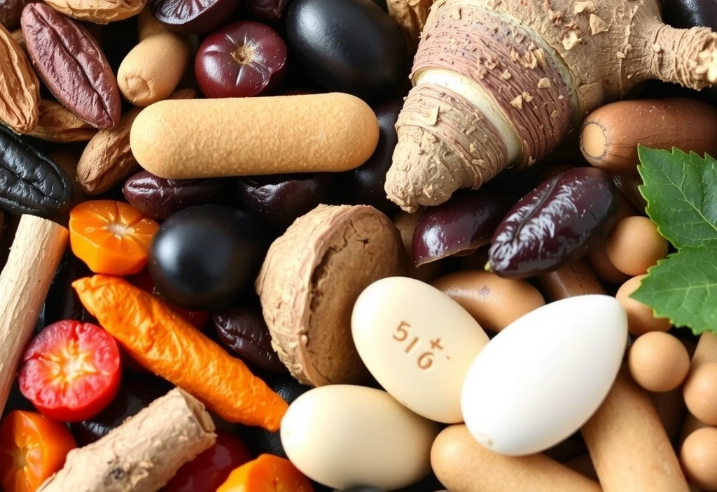 Close-up of a variety of natural ingredients like herbs, berries, and roots