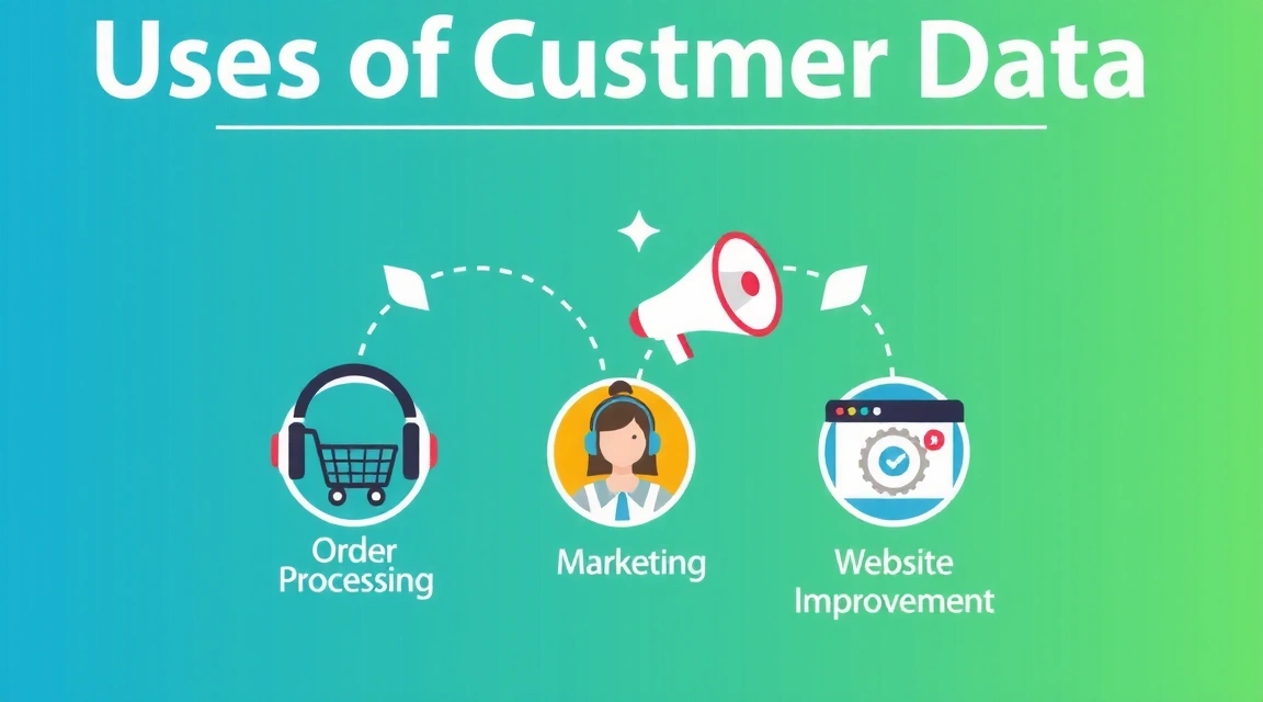 Infographic showing various uses of data: order processing, customer support, marketing, and website improvement, connected by secure lines.