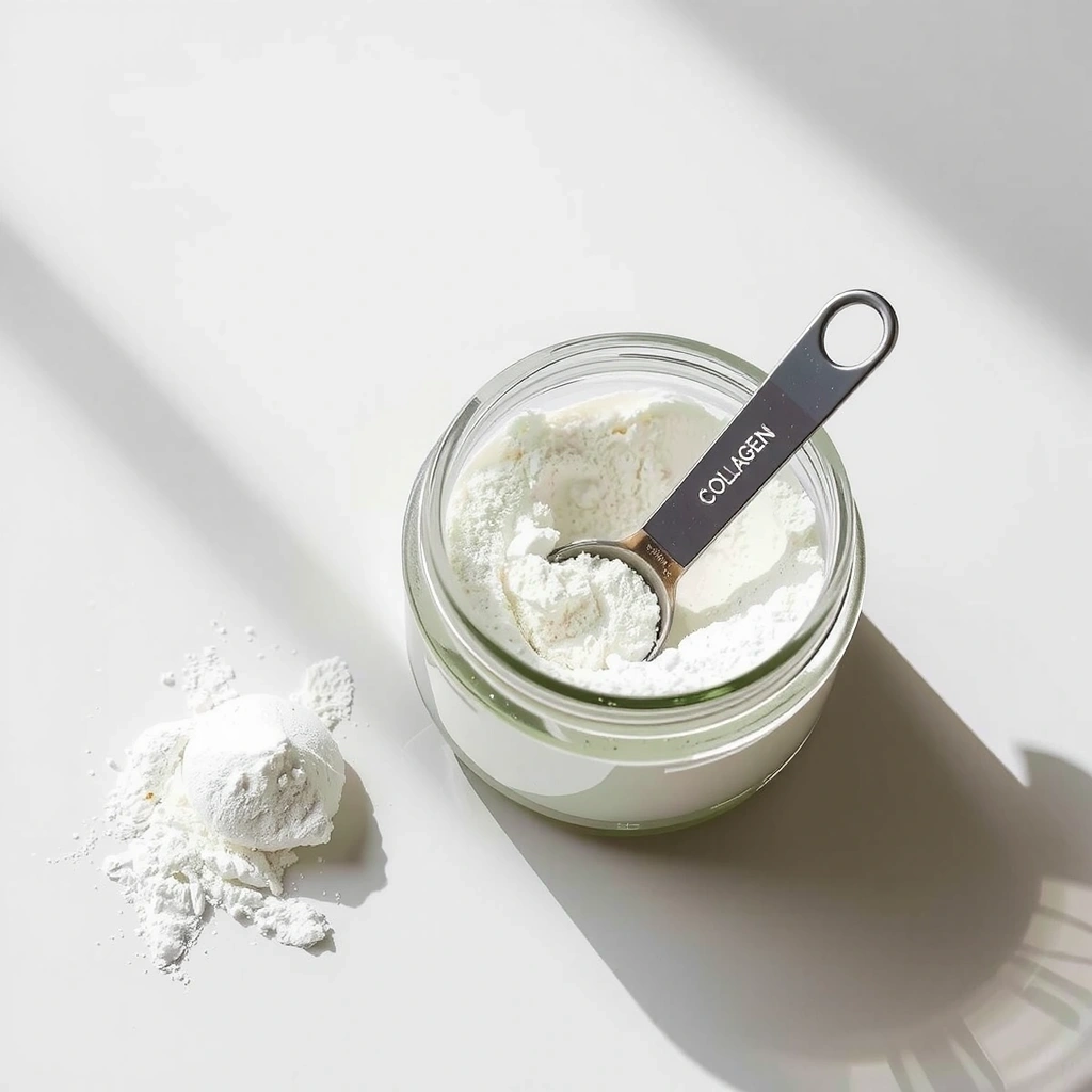 Collagen peptides powder in a tub, with a scoop, suggesting beauty from within.