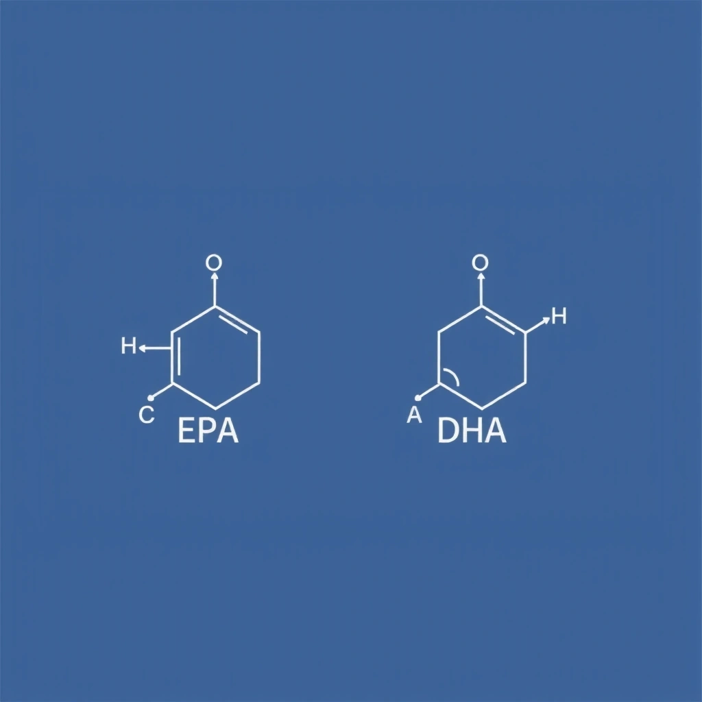 Scientific illustration of fatty acid molecules, representing the EPA and DHA in Omega-3, with a clean, analytical aesthetic.